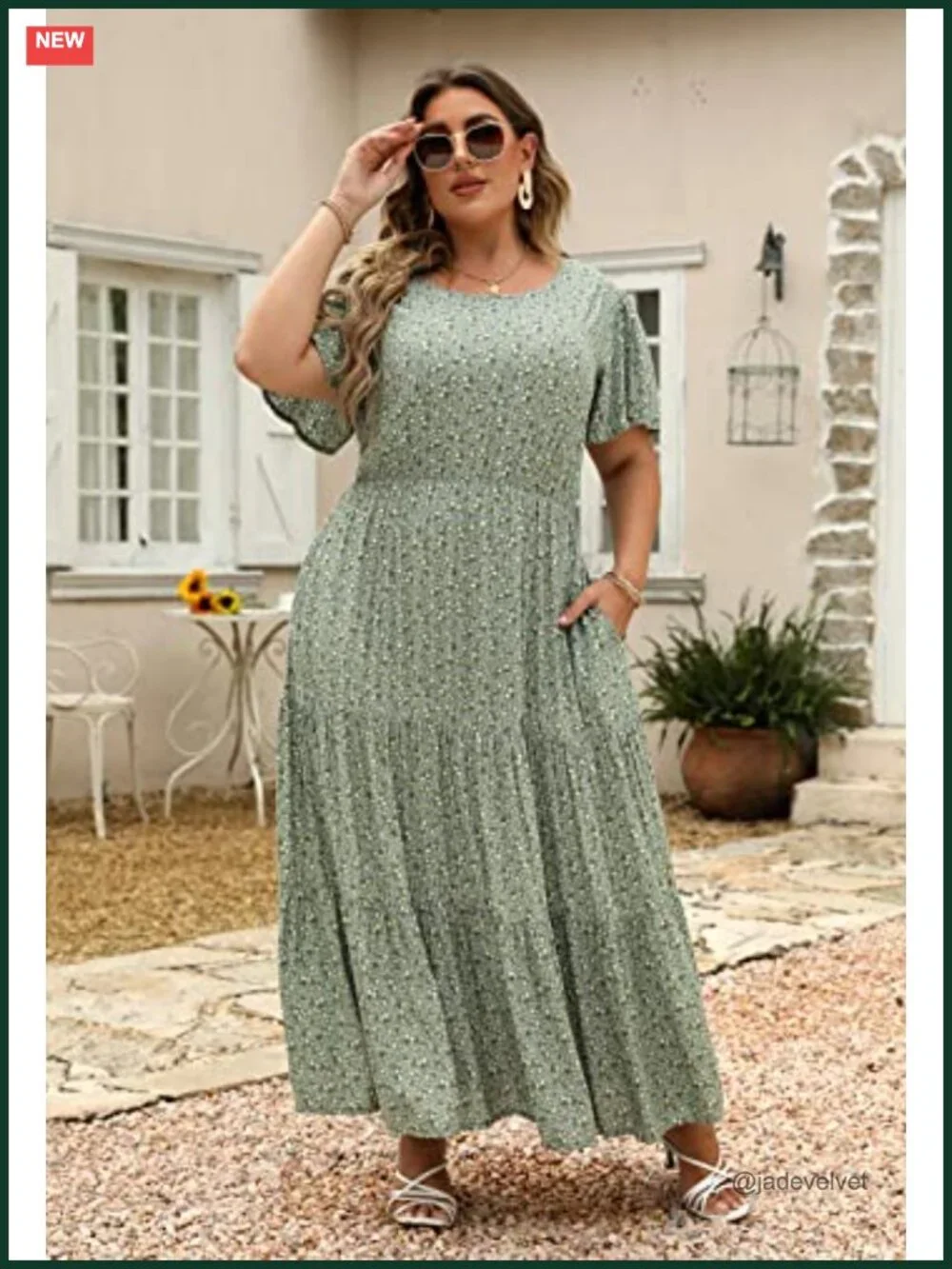 Plus Size Maxi Dress Boho Floral Ruffle Sleeve Pockets Flared